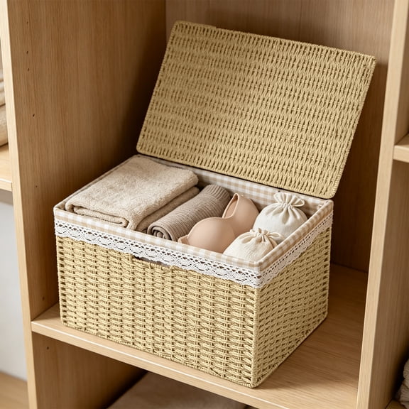 Rattan Storage Basket with Lid and Removable Liner Stackable Wicker Organizer Bin for Shelves Closets Bathroom Bedroom Kitchen Home Organization