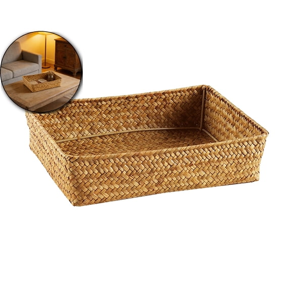 Rattan Storage Baskets Rectangle Woven Bread Basket Rectangular Wicker Serving Organizer Tray Rattan Fruit Basket, Stackable Wicker Organizer for Kitchen Countertop Bathroom Living Room