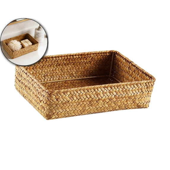 Rattan Storage Baskets Rectangle Woven Bread Basket Rectangular Wicker Serving Organizer Tray Rattan Fruit Basket, Stackable Wicker Organizer for Kitchen Countertop Bathroom Living Room