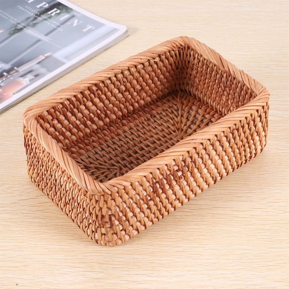 Rattan Storage Baskets Rectangle Woven Bread Basket Rectangular Wicker Serving Organizer Tray Rattan Fruit Basket, Stackable Wicker Organizer for Kitchen Countertop Bathroom Living Room(A)