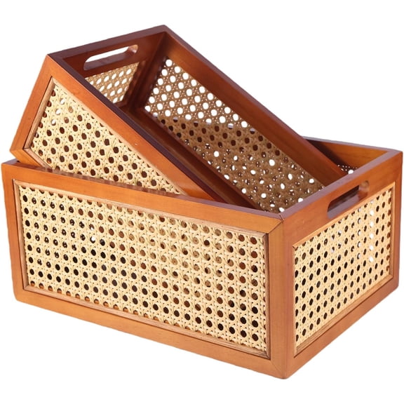 Rattan Storage Baskets Set, Wooden Frame with Woven Cane Design, Nesting Organizer Bins for Living room Bedroom Bathroom Kitchen Shelf, Set of 2