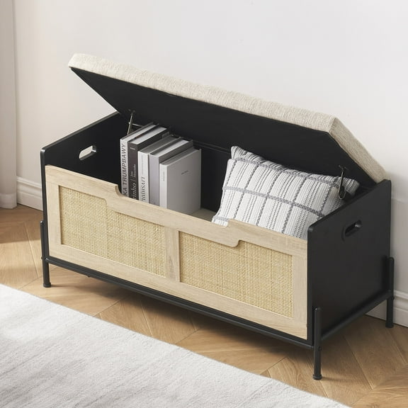 Rattan Storage Bench with 2 Safety Hinges,Flip-Top Shoe Bench,Storage Trunk with 15mm Wall Plate,Storage Chest for Entryway,Living Room,Bed Room,Easy Assembly,Black & Oak,39.4 inches
