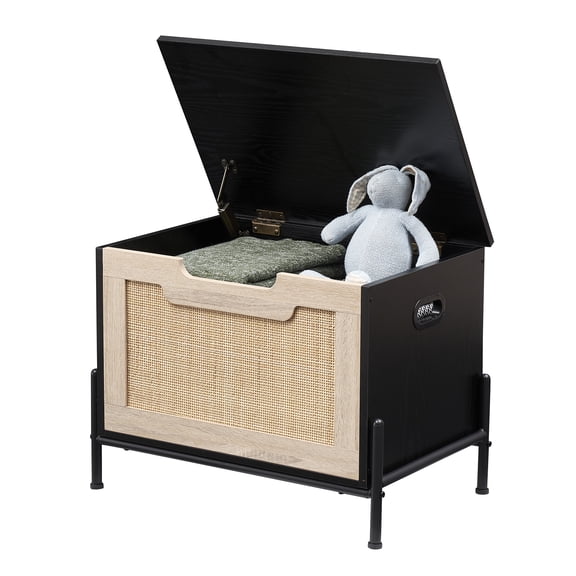 Rattan Storage Bench with Safety Hinges,Flip-Top Shoe Bench,Storage Trunk with 15mm Wall Plate,Storage Chest for Entryway,Living Room,Bed Room,Easy Assembly,Black & Oak,23.6 inches