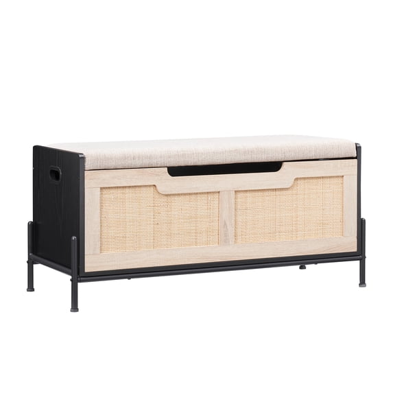 Rattan Storage Bench, Solid Wood Legs Storage Trunk, Entryway Storage Bench with Safe Hinges for Living Room Bedroom Entryway Hallway, Black