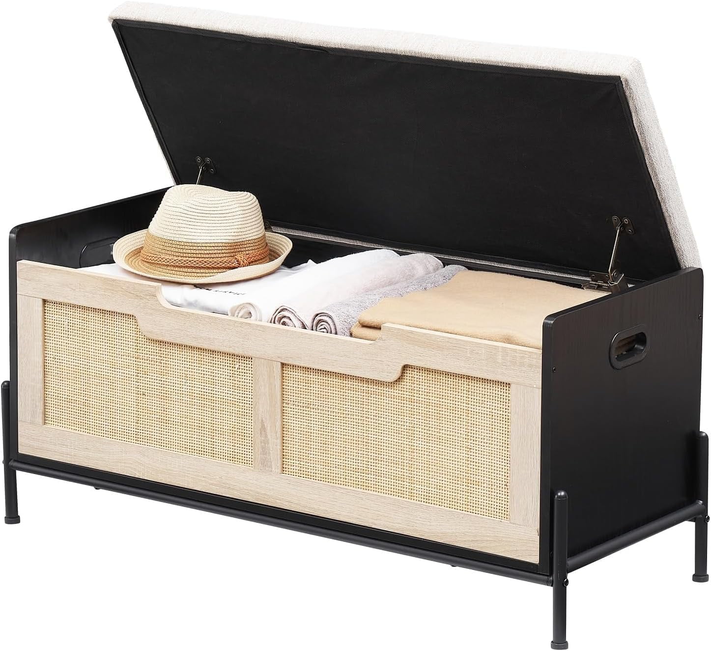 Rattan Storage Bench with 2 Safety Hinges, Toy Box, Entryway Storage Chest with Cushion, Supports 260 lb, Black