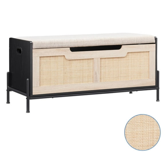 Rattan Storage Bench with Safety Hinges, Flip Top Storage Trunk Modern Storage Chest