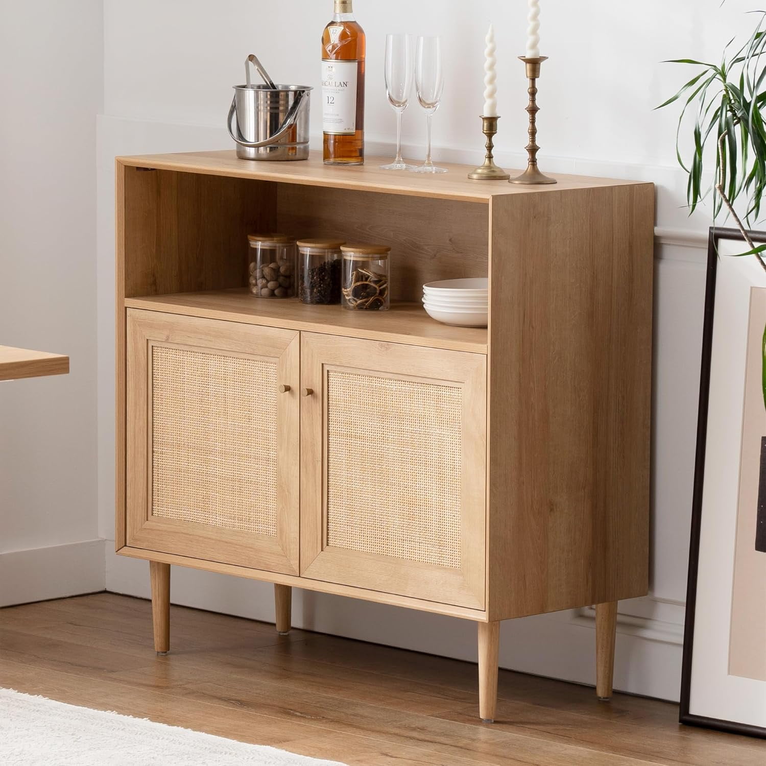Rattan Storage Cabinet Boho Sideboard Buffet Cabinet with Natural ...