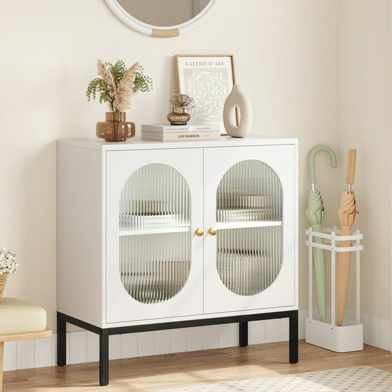 Rattan Storage Cabinet, Sideboard Buffet Cabinet, Accent Cabinet with 2 Doors, Wood Accent Furniture with Adjustable Shelves for Living Room, Entryway