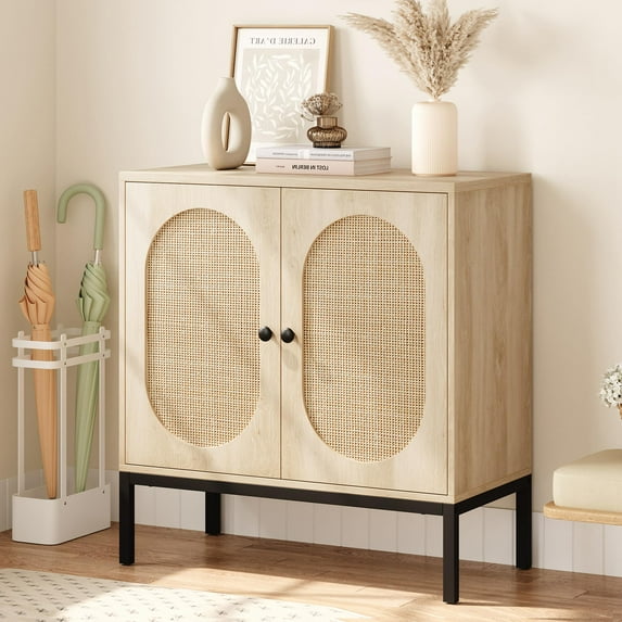 Rattan Storage Cabinet, Sideboard Buffet Cabinet, Accent Cabinet with 2 Doors, Wood Accent Furniture with Adjustable Shelves for Living Room, Entryway