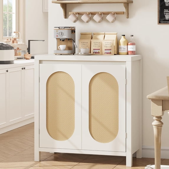 Rattan Storage Cabinet, Wooden Sideboard Buffet Cabinet with Doors and Shelves, Small Console Cabinet with Storage, Boho Accent Cabinet for Entryway, Living Room, Dining Room, Natural