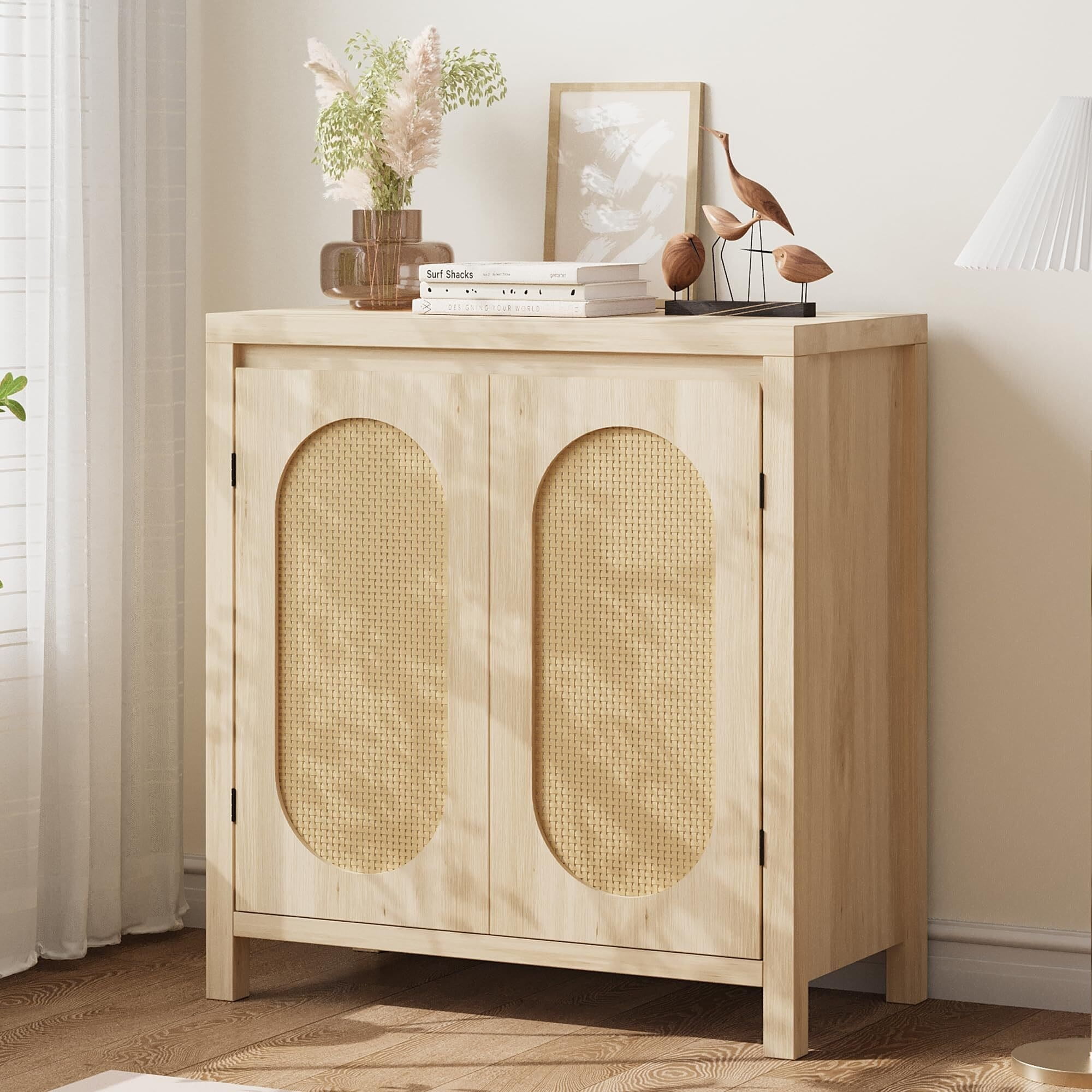 Natural Rattan and MDF Wood Sideboard Buffet Cabinet with Doors