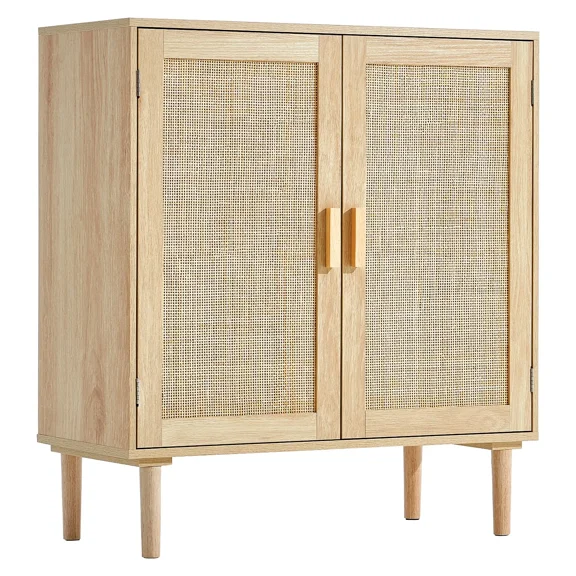 Rattan Storage Cabinet with Hand-Woven Doors, Adjustable Shelves & Anti-Tip Kit, Vintage Retro Buffet Sideboard