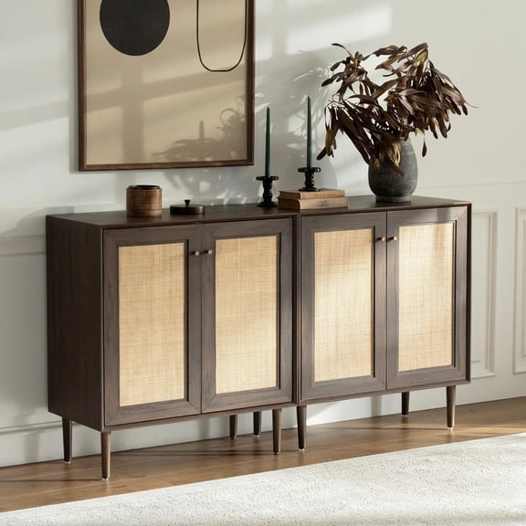 Rattan Storage Cabinets Set of 2 Accent Sideboard Cabinet, Boho Buffet Kitchen Bar Cabinet Farmhouse Credenza with Adjustable Shelves for Dining Room (Square Doors/Brown)