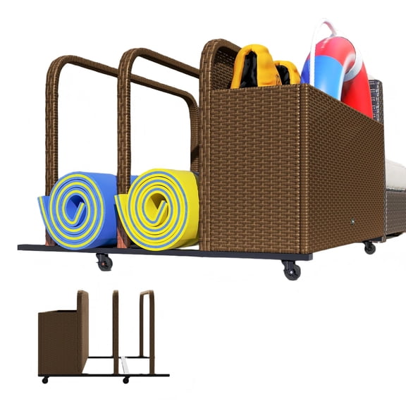 Rattan Storage Cart with Wheels, 3-Section Pool Float Organizer, PE Wicker and Steel Frame, 110 lb Capacity, Outdoor Use