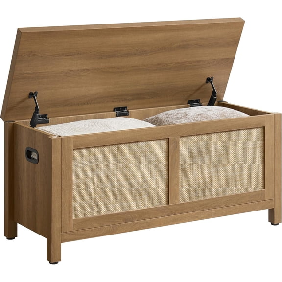 Rattan Storage Chest 39.4" Storage Bench for Bedroom, Boho Storage Trunk with 2 Safety Hinges & Flip Top for Living Room Entryway, Supports 220 lb, Oak