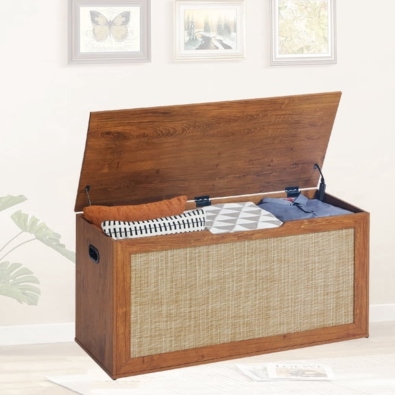 Rattan Storage Chest, 40" Wooden Storage Bench with Safety Hinge,Blanket Chest,Entryway Bench,Supports 80 lb, Storage Trunk for Living Room, Bedroom