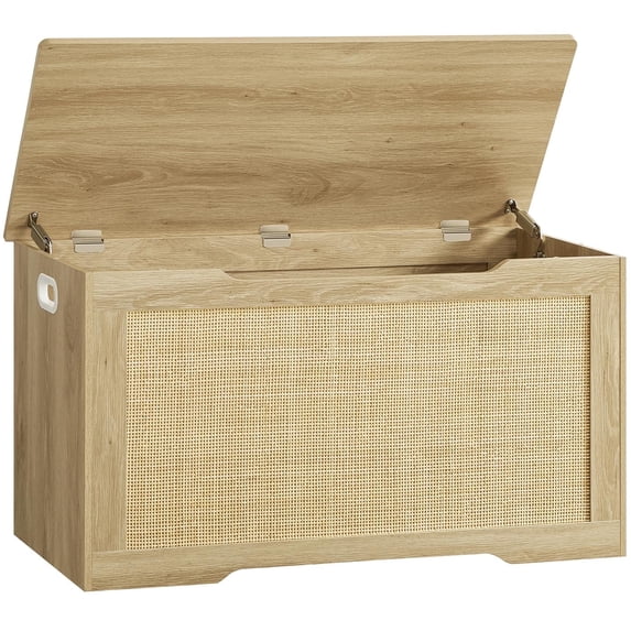 Rattan Storage Chest, Wooden Toy Chest with 2 Safety Hinges, Lift Top Storage Box with Gel Bumpers, Storage Trunk, Storage Bench for Hallway, Natural