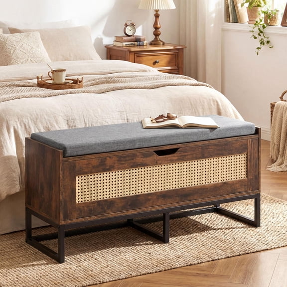 Rattan Storage Chest with Padded Seat, Flip-Top Shoe Bench, Pe Rattan, Metal Legs, Rustic Brown