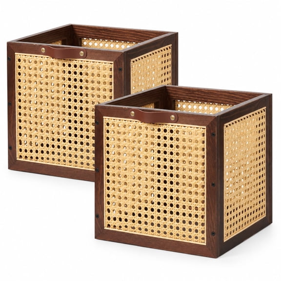Rattan Storage Cubes, Set of 2, 10.8" x 10.8" x 10.8", Walnut Pine Wood with Faux Leather Handles for Shelving Systems