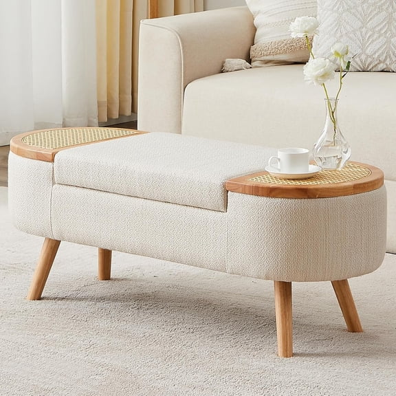 Rattan Storage Ottoman Bench with Seat, Long Foot Rest Stool, Linen Upholstered Wood Leg End of Bed Couch, Flip Top Oval Shoe Bench for Sofa Bedroom Living Room Entryway 43" Beige