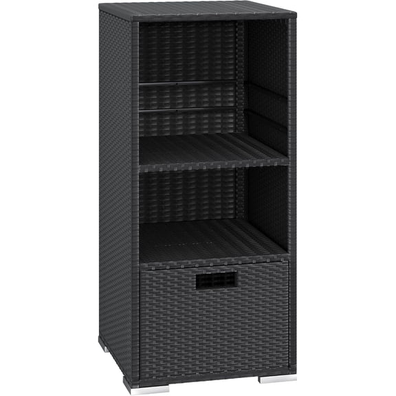 Rattan Storage Shed, Outdoor Towel Rack with 2 Storage Shelves & 1 Bottom Drawer, Suitable for Pool Patio Garden Deck, Black