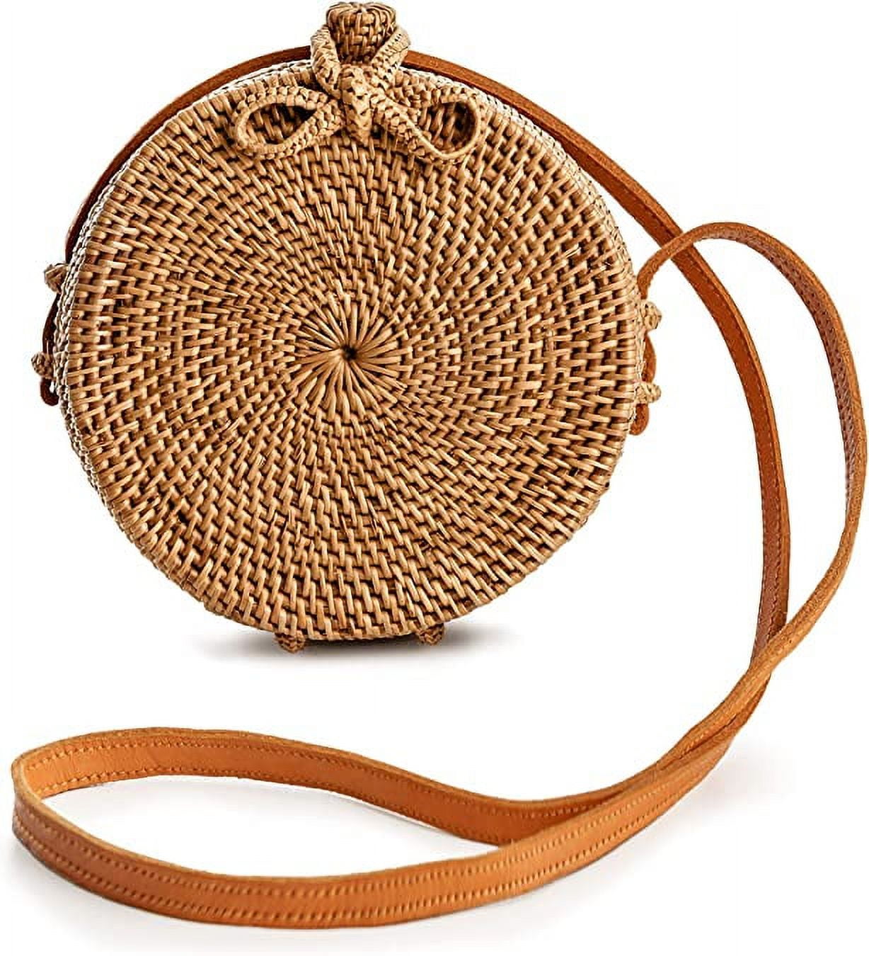 Rattan Straw Bag Handmade Wicker Woven Purse Handbag Circle Boho Crossbody Bag for Women