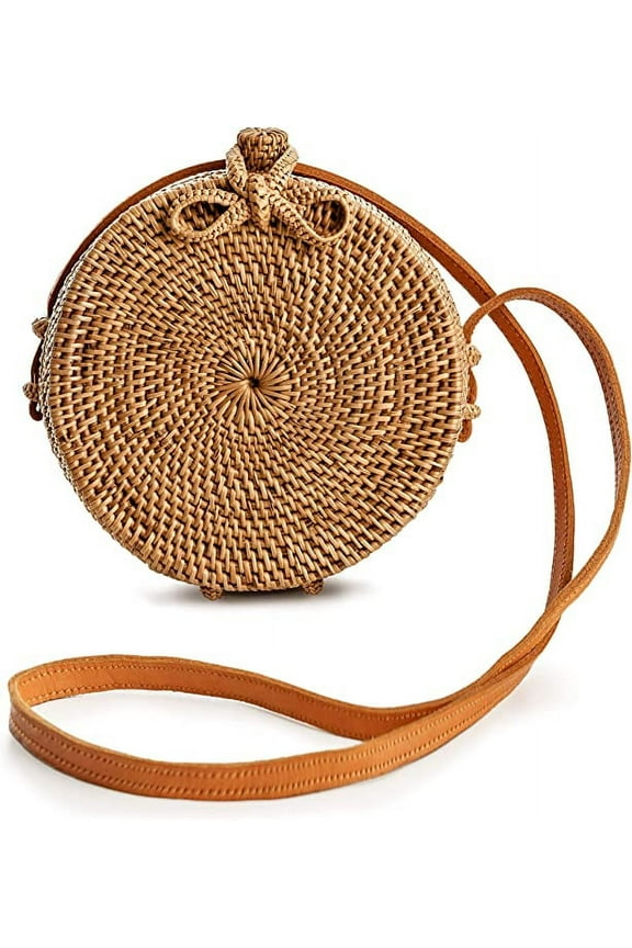 Rattan Straw Bag Handmade Wicker Woven Purse Handbag Circle Boho Crossbody Bag for Women