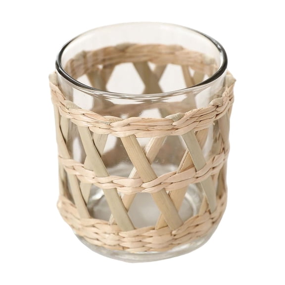 Rattan Style Basket Candle Holder Rattan Woven Tea Light Candle Holder Handcraft Rattan Woven Candle Holder with Glass Cup Decorative Candlestick Decor for Dining Wedding