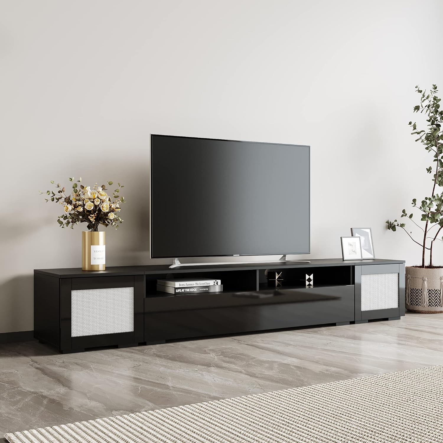 Rattan Style Entertainment Center with Push to Open Doors, 3-pics ...