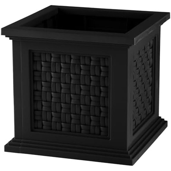 Rattan Style Outdoor Planter Box - 14.65-Inch-Square Decorative Flower or Plant Pot - Garden, Patio and Front Porch Decor by  (Black)