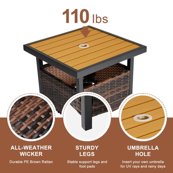 Rattan-Style Outdoor Side Table with Umbrella Holder Storage - Po Garden End Table in Brown