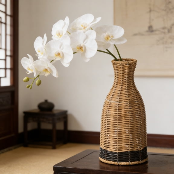 Rattan Style Plastic Vase 11.81x5.51x2.95in Faux Wicker Flower Pot Boho Table Centerpiece for Home Living Room Decor