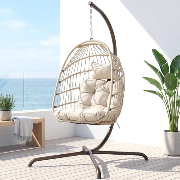 RADIATA Outdoor Foldable Hanging Egg Chair with Stand, PE Wicker Swing Chair with Cushion and Headrest, 350 lbs Capacity, Beige