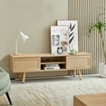 thumbnail image 1 of Rattan TV Cabinet TV Stand with Open Storage Shelves Double Sliding Doors Solid Wood Legs Media Console Table for Living Room Bedroom, Wooden Color, 1 of 6