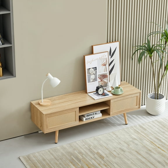 Rattan TV Cabinet TV Stand with Open Storage Shelves Double Sliding Doors Solid Wood Legs Media Console Table for Living Room Bedroom, Wooden Color