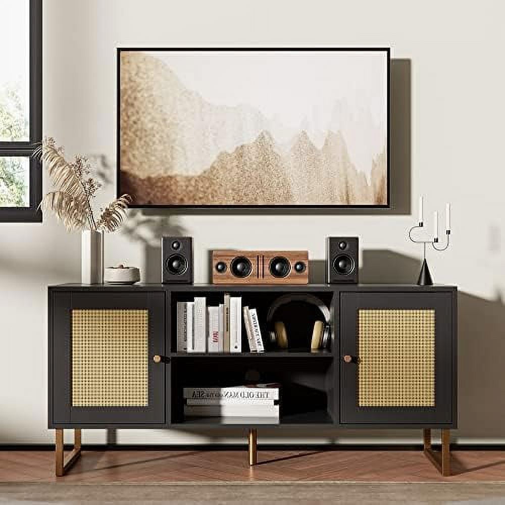 Rattan TV Stand for 50/55 inch TV Entertainment Center with Golden Legs