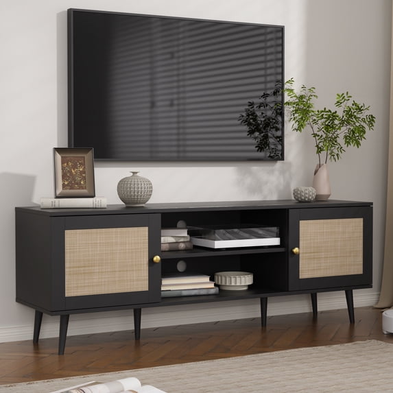 Rattan TV Stand for 55/65/70 inch TV, Boho 59" Entertainment Center with Storage, Modern Mid Century Media Console with Rattan Doors and Adjustable Shelf, Wood TV Stand for Living Room, Black