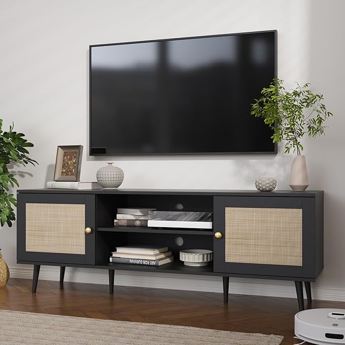 Rattan TV Stand for 55/65/70 inch TV, Boho 59" Entertainment Center with Storage, Modern Mid Century Media Console with Rattan Doors and Adjustable Shelf, Wood TV Stand for Living Room, Black