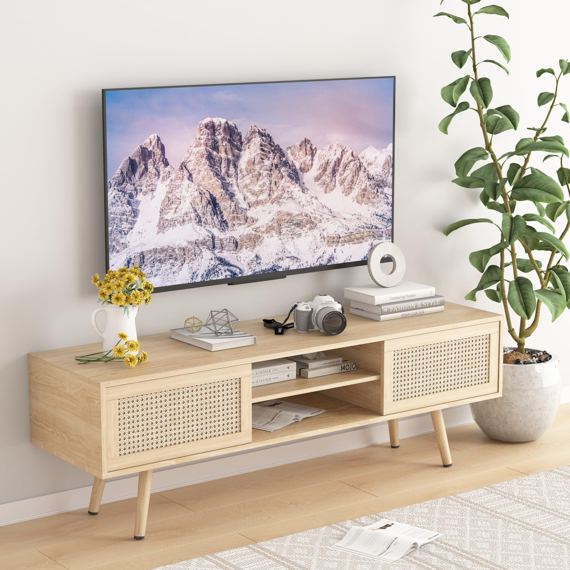 Rattan TV Stand for 55 Inch TV , Boho TV Console Media with