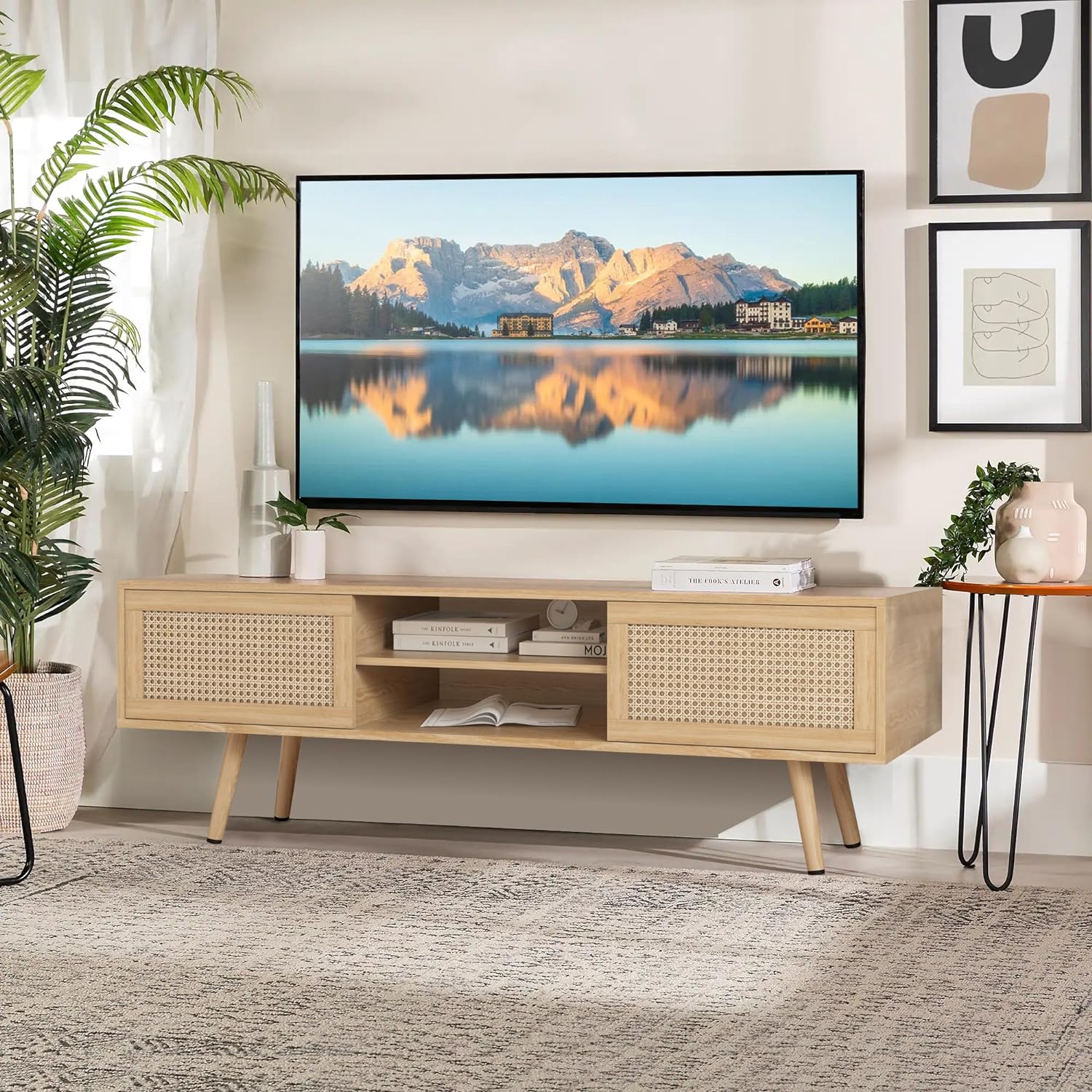 Rattan TV Stand for 55 Inch TV Boho TV Console Media with Sliding Rattan Doors Farmhouse