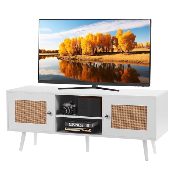 Rattan TV Stand 55 Inch, Boho TV Cabinet, Mid Century Modern TV Console, Adjustable Shelves, Living Room Media Furniture, White