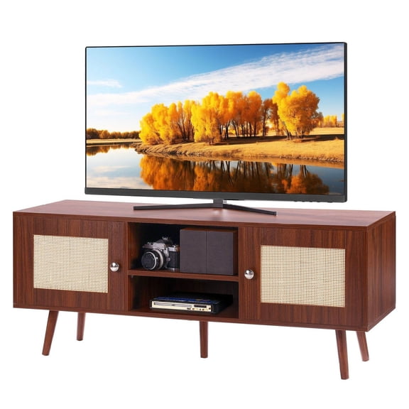 Rattan TV Stand 55 Inch, Boho TV Console Cabinet, Mid Century Modern TV Stand with Adjustable Shelves, Walnut Media Console for Living Room