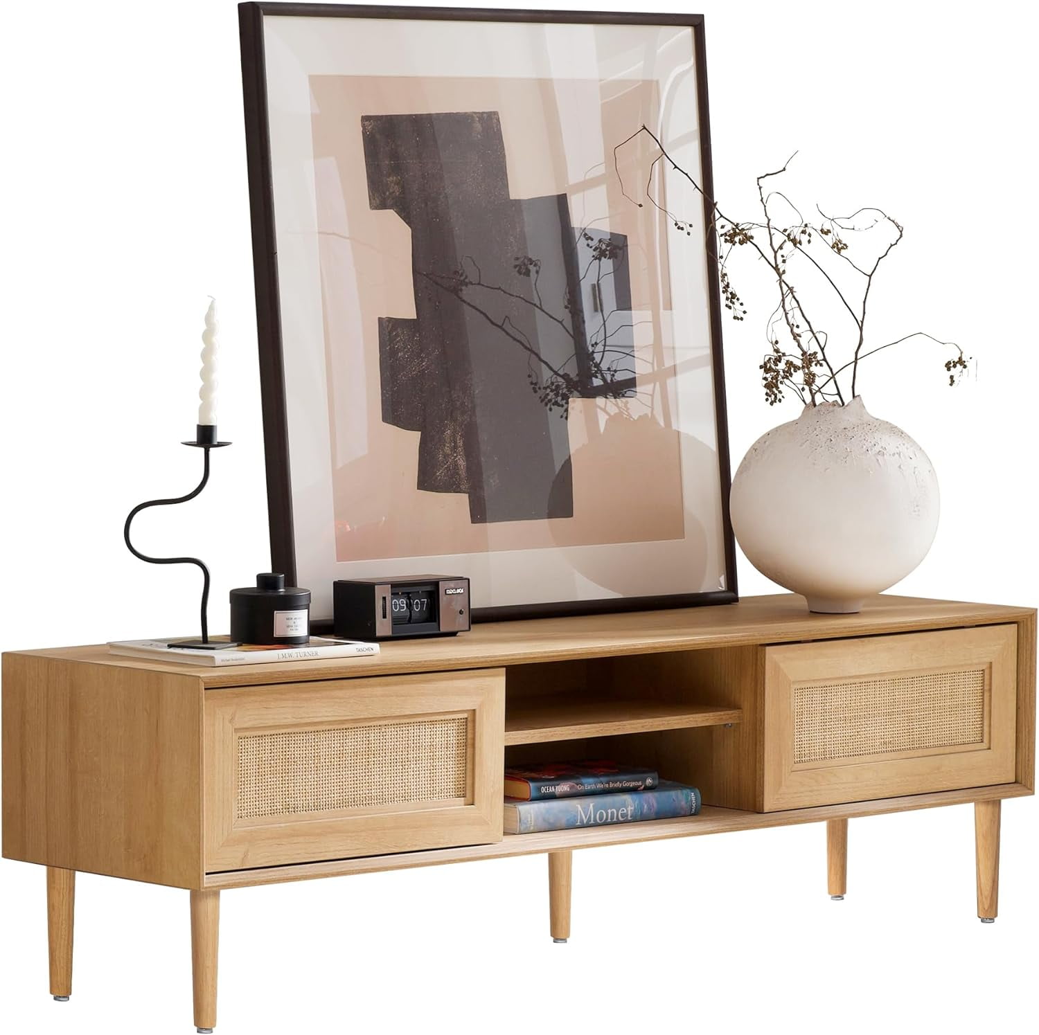 Rattan TV Stand for 55 Inch TV, Mid Century Modern Entertainment Center