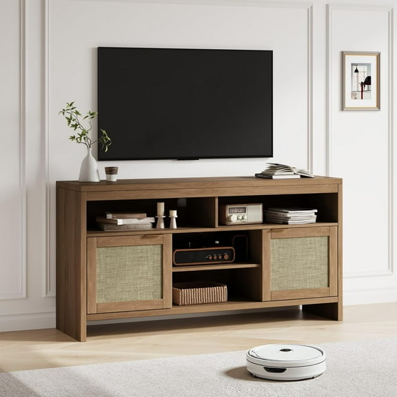 Rattan TV Stand,58 Inch Boho TV Console Table with 4 Open Shelves and 2 Door Cabinets,Farmhouse Entertainment Center with Storage,Wooden Media Console Table for Living Room/ Bedroom/Apartment (Oak)