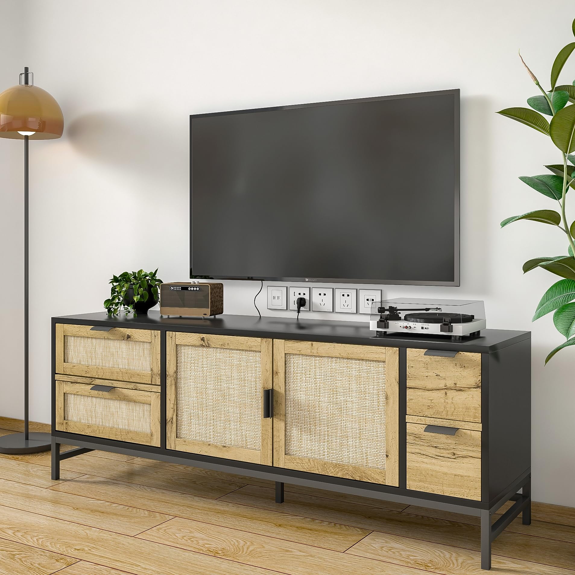 Rattan TV Stand for 65 Inch TV Boho TV Console Media Cabinet with ...