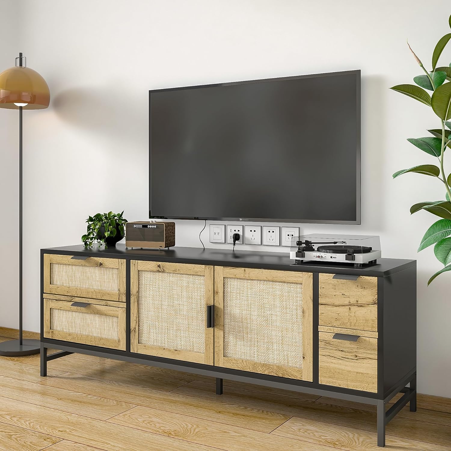 Rattan TV Stand for 65 Inch TV Boho TV Console Media with