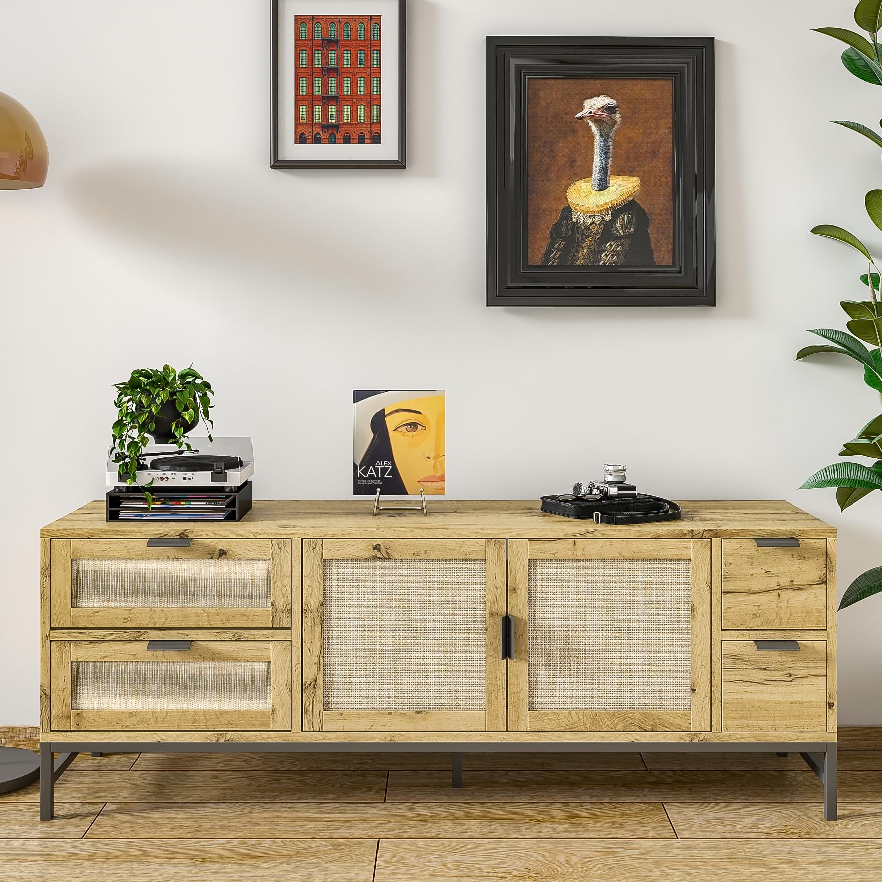 Rattan TV Stand for 65 Inch TV Boho TV Console Media with