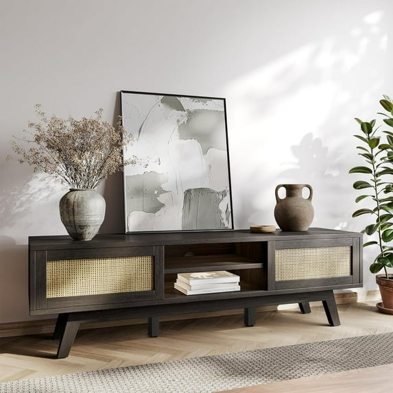Rattan TV Stand for 65 Inch TV, Boho Black TV Console with Sliding Doors, Entertainment Center with Storage & Shelves, Mid Century Modern Media Console for Living Room, Bedroom, Black