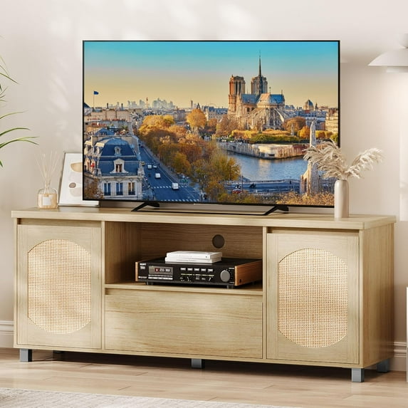 Rattan TV Stand for 65 Inch TV, Entertainment Center with Storage Drawer and Open Shelf, Boho TV Media Console Cabinet Furniture for Living Room, Bedroom
