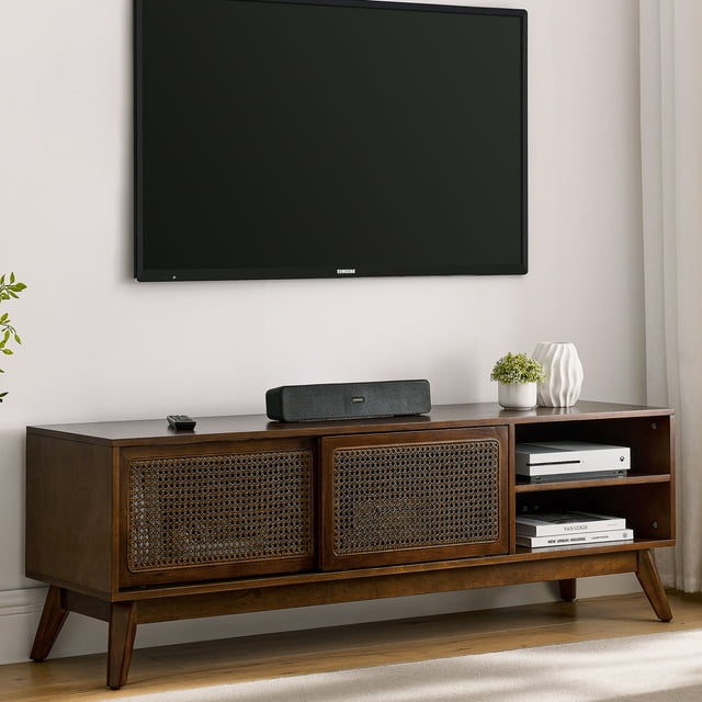 Rattan TV Stand for up to 65 Inch TV, MidCentury Modern Entertainment